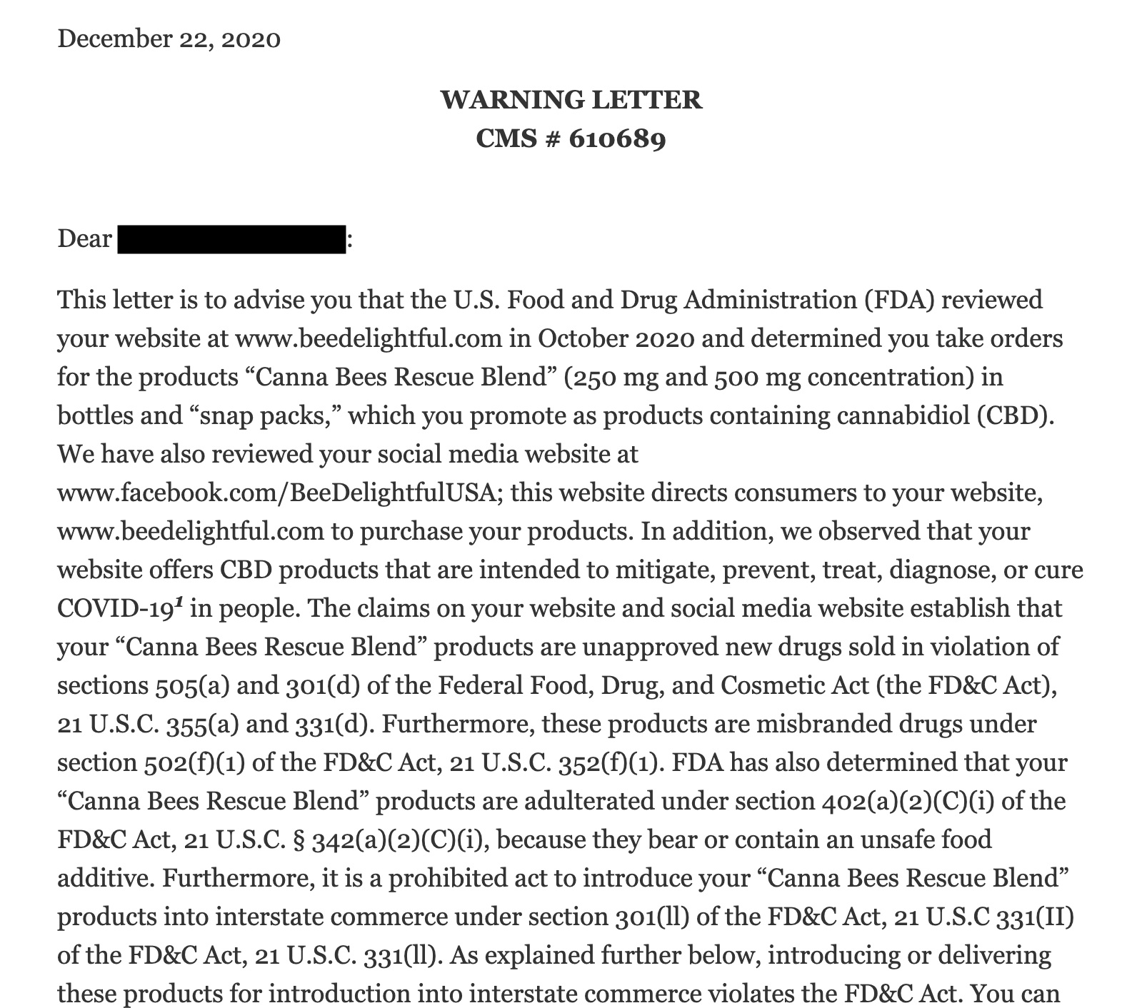Example of FDA Advertising Warning Letter